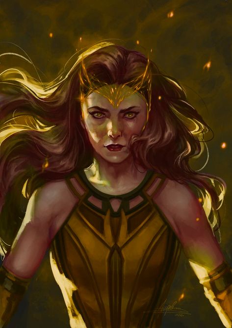 Gold Powers, Wanda Fanart, Enchantress Marvel, Avengers Shield, Witch Powers, Marvel Dr, Witch Pictures, Warrior Outfit, Creepy Images