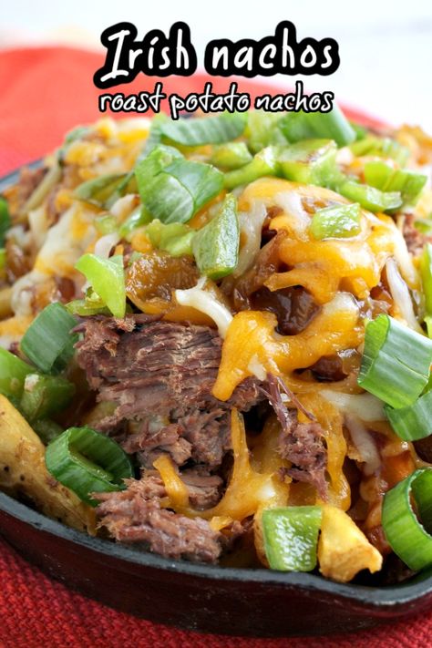 Irish Pub-Style Potato Nachos are an Irish twist of popular comfort food. Potato fries form the base for shredded roast, cheese, and more! #nachos #fries #potatonachos #Irishnachos #roast #beef #roastbeef #cheddar #gameday #tailgating #appetizer #entree #partyfood Garbage Fries, Waffle Potatoes, Shredded Roast, Nachos Fries, Brown Gravy Recipe, Nacho Recipes, Leftover Pot Roast, Potatoes Fries, Vegetarian Nachos