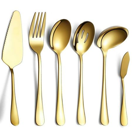 [6-Piece Copper Serving Set]Include 1 Cake Server, 1 Slotted Serving Spoon, 1 Serving Spoon, 1 Cold Meat Fork, 1 Butter knife, 1 Soup Ladle. [Titanium Rose Gold Noble Color]Stylish atmospheric flatware set, Let your tableware stand out,Let you eat with your family and friends,Have a wonderful meal. [Quality]Made of High Quality Stainless Steel, the edges are smooth and stylish, Mirror Polish, Rust proof, High hardness, durable and Eco-Friendly. [Best Gift]Perfect perfect for Weddings,Valentine's Gold Cutlery Set, Gold Silverware, Stainless Steel Silverware, Gold Cutlery, Soup Ladle, Cold Meat, Utensils Set, Butter Knife, Forks And Spoons