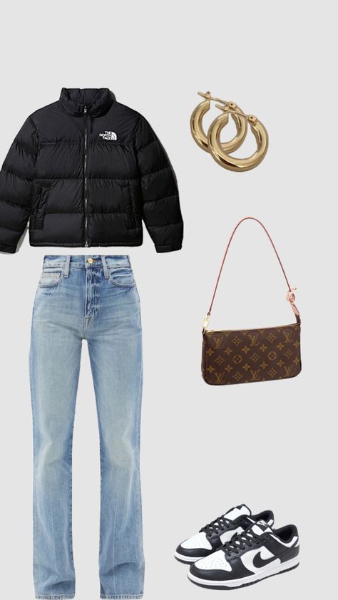 North Face Puffer Jacket Outfit, Dunk Outfits, Gold Earrings Hoops, Puffer Outfit, Panda Dunks, Dunks Outfit, Straight Blue Jeans, Puffer Jacket Outfit, North Face Puffer Jacket