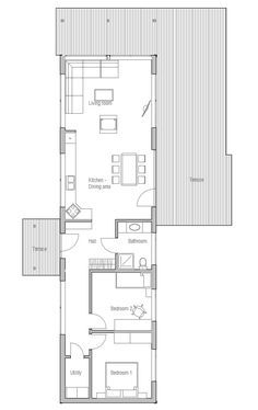 Small house plan, two bedrooms, suitable to narrow lot, affordable building budget, good vacation house. Vacation House Plans, Narrow House Designs, Narrow House Plans, Small Floor Plans, Narrow Lot House Plans, Narrow Lot House, 2 Bedroom House Plans, Long House, Small House Floor Plans