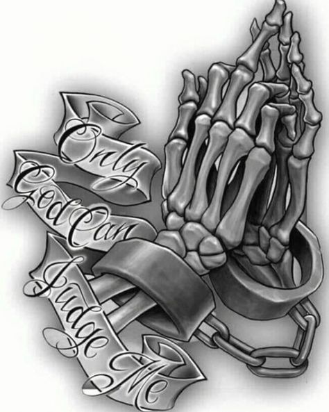 Only god can judge me tattoo design with skeleton hands in hand cuffs giving the finger #mentattoo #tattooideas Skull Praying Hands, Skull Praying, Prayer Hands Tattoo, Tattoo Planets, Edinburgh Tattoo, Praying Hands Tattoo Design, Small Wave Tattoo, Cardinal Tattoo, Chicanas Tattoo