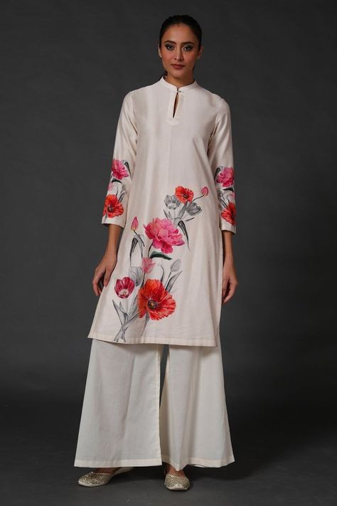 Women Kurta, Rohit Bal, Floral Print Tunic, Salwar Kamiz, Palazzo Set, Straight Kurta, Pants Fit, Casual Suit, Fabric Paint