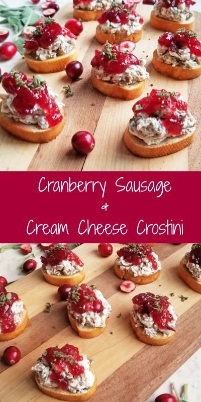 Cranberry and Sausage Crostini  #thanksgivingappetizer #healthyappetizer #appetizer Cream Cheese Crostini, Sausage Crostini, Thanksgiving Appetizers Finger Foods, Cranberry Sausage, Sausage And Cream Cheese, Cheese Crostini, Crostini Appetizers, Thanksgiving Appetizer, Gluten Free Puff Pastry