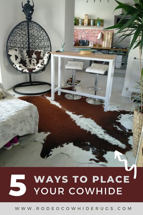 Transform your space with the timeless elegance of a genuine cowhide rug! 🌟 Discover 5 stylish ways to place this versatile decor piece – from center stage in the living room to a chic hallway runner. Elevate your home with the unique patterns and luxurious feel of cowhide. 🏡✨ #HomeDecor #CowhideRug #InteriorDesignInspo" Cowhide Rug Office Decor, Cowhide Rug Placement, Cowhide Entryway, Cowhide Rug Office, Cowhide Rug Living Room, Rug Placement, Brindle Cowhide, Faux Cowhide, Cowhide Rugs