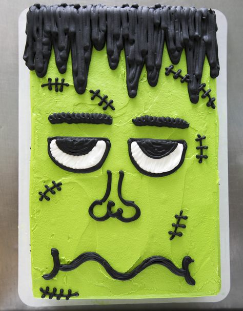 Frankenstein cake for Halloween! Cake # 052. Halloween Cakes Jack O Lantern, Halloween Cake Rectangle, Halloween Cakes Sheet Cake, Frankenstein Cakes, Frankenstein Cake, Halloween Sheet Cake Ideas, Frankenstein Party, Halloween Cupcake Cake, Easter Themed Cakes