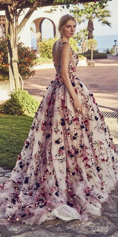 Floral Wedding Dresses For Magic Party ★ #bridalgown #weddingdress Floral Wedding Dresses, Colored Wedding Gowns, Stylish Gown, Dress With Flowers, Wedding Dresses With Flowers, Floral Wedding Dress, Traditional Bride, Colored Wedding Dresses, Beautiful Wedding Dresses