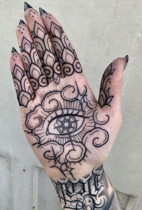 Hand Palm Tattoos, Earthy Tattoos, Tiny Tats, Neotraditional Tattoo, Hand And Finger Tattoos, Palm Tattoos, Hand Tattoos For Women, Exit Sign, Bad Tattoos