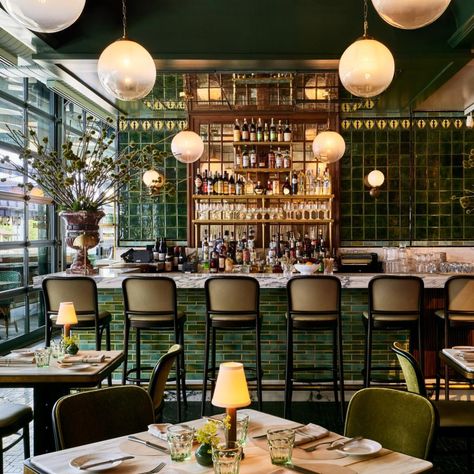 Tin Building Tin Building, Upholstered Banquette, Roman And Williams, Globe Lamps, Marble Counter, Food Hall, Green Tile, Fine Dining Restaurant, Private Dining