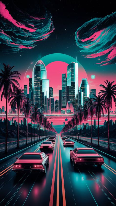 Immerse yourself in a vibrant synthwave wallpaper that captures the essence of retro-futurism. Experience a sprawling city skyline at dusk, glowing in neon pinks and turquoises, with palm trees swaying under a starry sky. Feel the euphoria of adventure as retro cars cruise along an endless highway, blending surrealism with dreamlike qualities. Perfect for lovers of 80s aesthetics and digital art. 80s Futurism, Synthwave Wallpaper, Digital City, Synthwave Art, Laser Beam, Retro Wave, Android Theme, New Retro Wave, Car Wallpaper