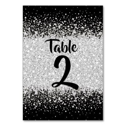 Silver Glitter and Black No.2 Table Number Card Glitter Table Numbers, Silver Wedding Theme, Glitter Table, Blue Centerpieces, Table Number Card, Royal Blue Background, Elegant Modern Wedding, Wedding Table Number Cards, Card Table Wedding