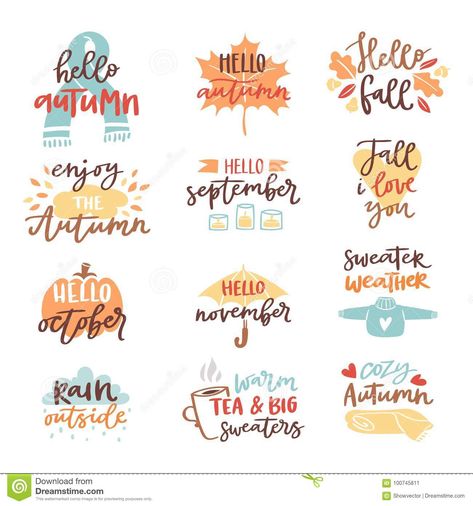 Fall nature season vintage hand drawn lettering stickers with text autumn and floral elements phrases vector Fall Chalkboard Art, Banner Icon, Lettering Stickers, Fall Chalkboard, Flower Banner, Fall Nature, Autumn Illustration, Hand Lettering Art, Hand Lettering Fonts