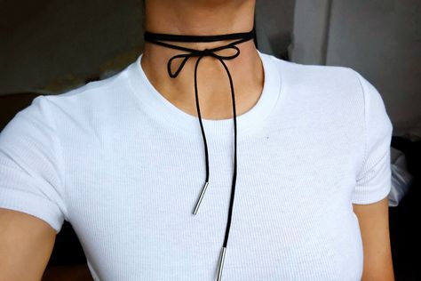 *Vegan suede (synthetic suede) suede tie comes in the form of a string that is 62 inches in length, can be adjusted to any size or style to your liking x Black Choker Outfit, Black Ribbon Choker, Choker Outfit, Thigh Jewelry, Tie Choker, Necklace String, Formal Dress Black, Bow Choker, Ribbon Choker