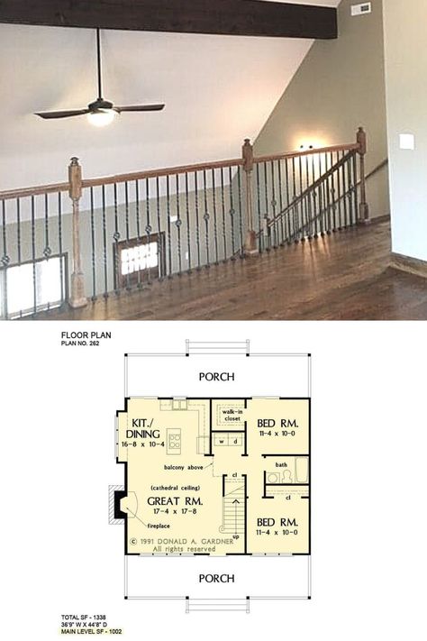 View of the loft from the 2nd floor, showing the rustic stairs spindle of this 2 Story palatial home's 3 bedroom, 2 bathroom, 1338 sq. ft. simple cabin house plan. Included is a gallery of beautiful country cottage style inspired interior design. Tap to unlock or see more cabin house plans with cabin interior. (https://www.dongardner.com/house-plan/262/the-shady-grove) #HousePlan #2Story Cheap 2 Story Houses To Build, Simple Cabin House, 30x40 House Plans 2 Story, Loft House Design Floor Plans, Small 2 Story House Plans, Loft House Plans, 3 Bedroom Home Floor Plans, 1000 Sq Ft House, 1200 Sq Ft House