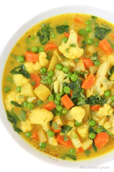 Coconut Curry Vegetable Soup (Easy + Vegan) | The Garden Grazer Naan Bread Vegan, Vegetable Curry Soup, Curry Vegetable Soup, Spinach And Orzo, Vegetable Soup Vegan, Vegan Weeknight Meals, Garden Grazer, Pescatarian Meals, Vegan Vegetable Soup