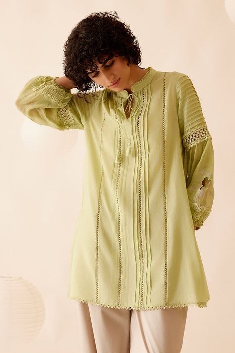 Buy Green 100% Cotton Voile Embroidery Floret Cecile Floral And Lace Tunic For Women by Bunka Online at Aza Fashions. Tunic Pattern, Lace Tunic, Embroidered Tunic, Flounce Sleeve, Cotton Voile, Womens Tunics, Pakistani Dresses, Aza Fashion, Stand Collar