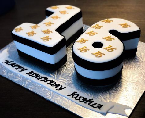 Cakes & Sprinkles on Instagram: “16 th Birthday Number cake - black white and gold theme. . . . . . #16thbirthday #16thbirthdaycake #blackwhitegoldcake #durhamcakes…” Number 16 Birthday Cake, Cake Black And White, Birthday Number Cake, Birthday Cake Black, 30 Birthday, 16 Birthday Cake, Number 16, Number Cake, Black White And Gold