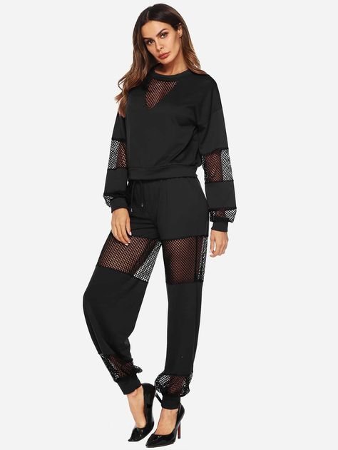 Black Fishnet Top, Sporty Suit, Top With Pants, Aesthetic Study, Fishnet Top, Solid Jumpsuit, Black Fishnets, Top And Pants Set, Sporty Outfits