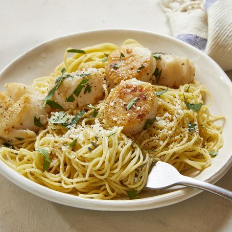 Savory Sea Scallops and Angel Hair Pasta Recipe | Allrecipes Salmon Italian, Scallops And Pasta, Cheesy Salmon, Italian Casseroles, Angel Hair Pasta Recipes, Mouth Chicken, Bay Scallops, Grandma's Recipes, Fancy Dinner Recipes