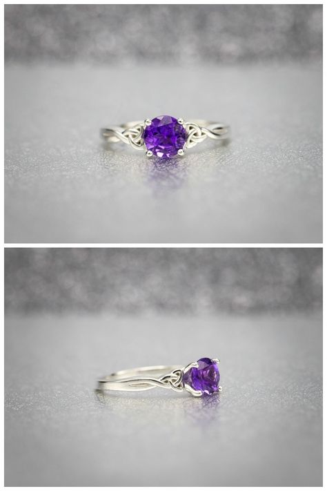 Let's make the case for amethyst engagement rings. A delicate celtic-knot shank with a prominent solitaire setting. This ring is all about the center stone, a gorgeous 6.5mm round amethyst. Amethyst Engagement Rings, Non Diamond Engagement Rings, Amethyst Ring Engagement, Celtic Wedding Rings, Ruby Wedding, Celtic Wedding, Solitaire Setting, Gemstone Engagement, Vintage Engagement