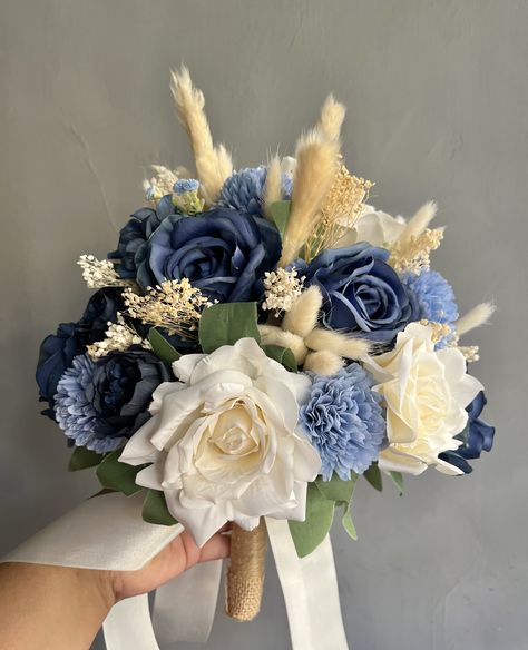 Country Wedding Bouquets, Gold Wedding Bouquets, Prom Bouquet, Blue Gold Wedding, Gold Bouquet, Blue Wedding Bouquet, Ivory Flowers, White Bouquet, Bridal Bouquets