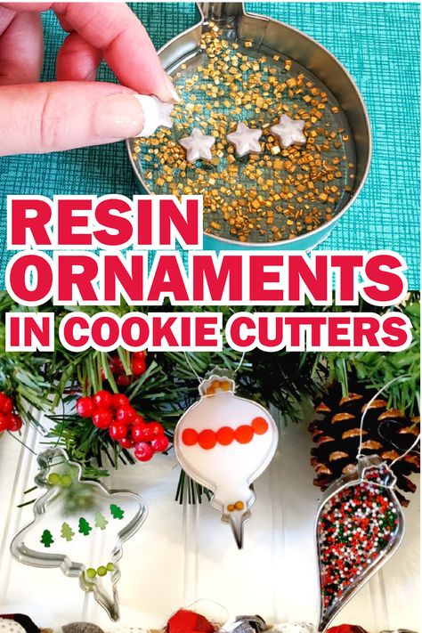 Learn how to make these metal cookie cutter resin ornaments and decorate them with sprinkles in different shapes and colors. Resin Christmas Decorations Diy, How To Make Resin Ornaments, Resin And Fabric Crafts, How To Make Resin Christmas Ornaments, Diy Christmas Resin Crafts, Uv Resin Christmas Ornaments, Resin Ideas To Sell Christmas, Epoxy Resin Ornaments, Holiday Resin Crafts