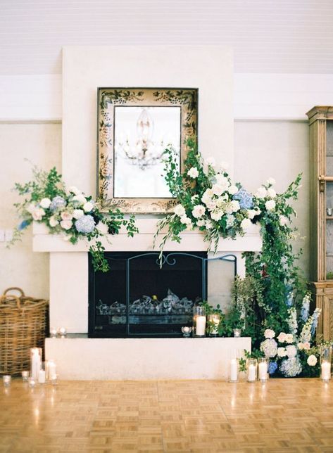 Mantel Floral Arrangements, Magical Garden Wedding, Mantel Flowers, House In Australia, Wedding Fireplace, Colorful Flowers Arrangements, Blue White Weddings, Australia Country, White And Blue Flowers