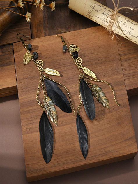 Vintage Long Wooden Beaded Feather Earrings, Bohemian Style Western Style Ear Accessory For WomenI discovered amazing products on SHEIN.com, come check them out! Gold Feather Earrings, Woman In Gold, Beaded Tassel Earrings, Long Tassel Earrings, Tassel Drop Earrings, Colorful Feathers, Earrings Bohemian, Long Dangle Earrings, Styl Boho