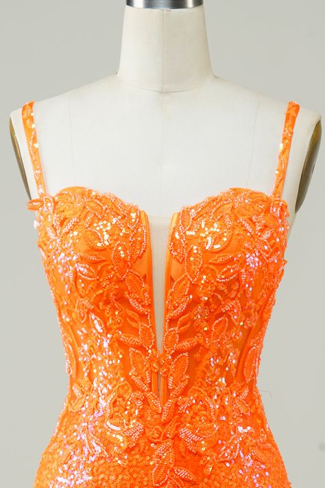 Orange Hoco Dress, Orange Spaghetti, Orange Homecoming Dresses, Tight Homecoming Dress, Teal Cocktail Dress, Fancy Short Dresses, Cute Formal Dresses, Sequin Homecoming Dress, Lovely Partner