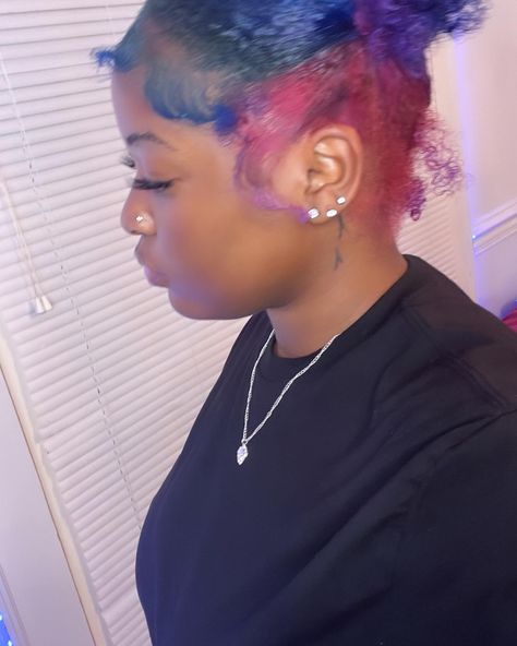 Pink And Blue Dyed Hair, Pink And Blue Hair Black Women, Blue And Pink Hair Dye, Pink And Blue Natural Hair, Purple Natural Hair, Blue Natural Hair, Purple And Blue Hair, Adore Hair Dye, Pink And Blue Hair