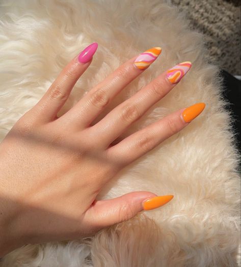 Pink Orange Swirl Nails, Wavy Almond Nails, Lavender Orange Nails, Orange Summer Nails Almond, Orange And Lilac Nails, Pink Orange Blue Nails, Swirl Nails Pink, Orange Swirl Nails, Sb Nails