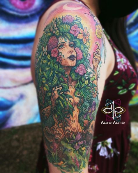 Black Earth Goddess Tattoo, Mother Gia Tattoos, Anita Blake Tattoo, Mother Nature Sleeve Tattoo, Gaia Goddess Tattoo Mother Earth, Black Mother Nature Tattoo, Mother Nature Tattoos Black Women, Mother Gaia Tattoo, Mother Nature Tattoos For Women