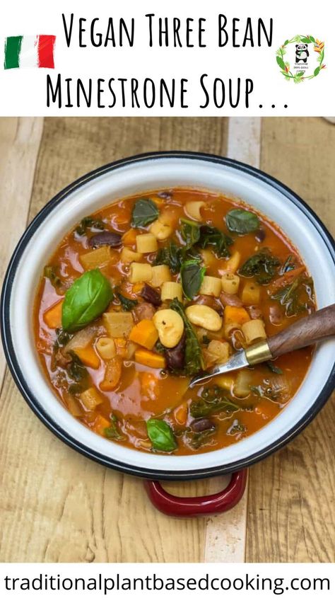 Vegan 3 bean Minestrone soup is so quick and easy to prepare. Packed full of fresh veggies, beans and pasta. The perfect introduction to those new to plant-based and vegan diets, as well as a staple meal for everyone. Bean Minestrone Soup, Vegan Minestrone, Vegan Minestrone Soup, Blue Zones Recipes, Vegan Starters, Blue Zone, Minestrone Soup, Vegan Appetizers, Minestrone