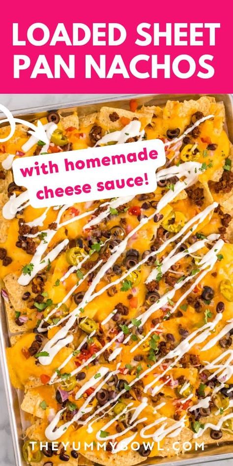 Enjoy easy sheet pan nachos piled high with your favorite toppings! Perfect for game day or any gathering, they’re sure to be a hit! Cookie Sheet Nachos, Game Day Nachos, Basic Nachos Recipe, Easy Sheet Pan Nachos, Best Nacho Recipe, Sheet Pan Nachos, Pan Nachos, Nachos Ingredients, Easy Nachos