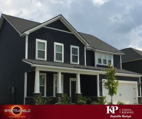 Manor - A bold, dark color vinyl siding from KP Vinyl Siding. Learn more about this color, see our favorite color combinations and find a product in this shade. Black Vinyl Siding House, Manor Siding Color, Dark Vinyl Siding, Black Vinyl Siding, Dark Blue Vinyl Siding, Color Scheme House, House Siding Colors, Exterior Vinyl Siding Colors, Navy House Exterior