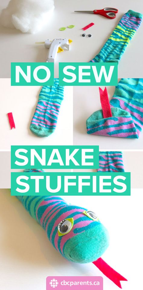 Bubble Wrap Snake Craft, Sock Snake Diy, Diy Snake Stuffed Animal, Snake Puppet Diy, Lizard Crafts For Toddlers, No Sew Kids Crafts, March Break Crafts, How To Make A Snake, No Sew Crafts For Kids