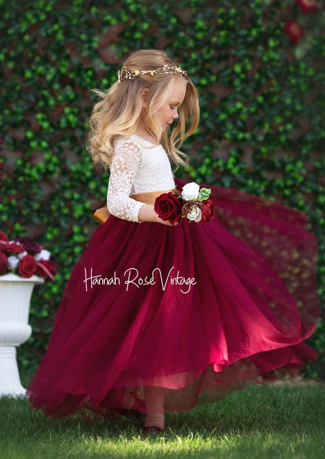 Burgundy Lace and Tulle Flower Girl Dress - Hannahrosevintageboutique.com Red And White Flower Girl Dresses, Flower Girl Fall Wedding, Flower Girl Dresses Winter, Burgundy And Sage Green Wedding, Maroon Flower Girl Dress, Emerald Green And Burgundy Wedding, Flower Girl Dresses Burgundy, Winter Flower Girl Dresses, Maroon Wedding Theme