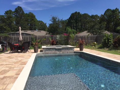 Pool Spa Combo, Spa Waterfall, Sun Shelf, Backyard Vacation, Paver Deck, Pool Contractors, Custom Pool, Backyard Pool Landscaping, Pool Construction