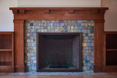 Craftsman Fireplace Tile, Mosaic Fireplace Tile, Craftsman Tile Fireplace, Arts And Crafts Fireplace Surround, Colorful Tile Fireplace, Mosaic Tile Fireplace Surround, Craftsman Bungalow Fireplace, Craftsman Fireplace Surround, Greenhouse Lounge