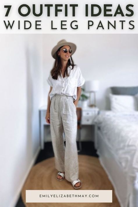 Wide Leg Trousers Outfit Casual, Black Wide Leg Trousers Outfit, Wide Leg Linen Pants Outfit, Pleated Pants Outfit, Linen Trousers Outfit, Linen Pants Outfit Summer, Wide Pants Outfit, Cream Wide Leg Trousers, Wide Linen Pants