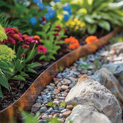 9 beautiful garden bed edging ideas Raised Garden Bed Edging Ideas, Paver Garden Bed Edging, Rock Edge Flower Bed Garden Borders, Garden Bed Edging Ideas, Raised Garden Beds Stone Rock Border, Cobblestone Edging Flower Beds, Border For Flower Bed Lawn Edging, Bed Edging Ideas, Garden Bed Edging