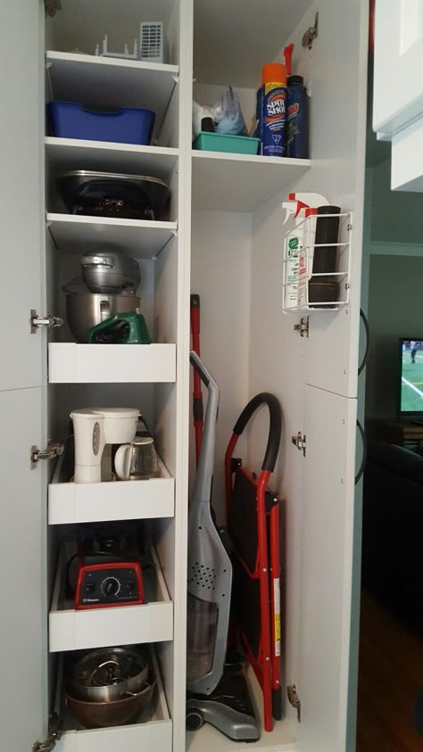 Small appliances storage and broom closet. Small Pantry Broom Closet, Vacuum Cleaner Storage Small Spaces, Utility Closet Design Layout, Broom Closet Pantry, Appliance Closet Organization, Cleaning Appliances Storage, Pantry With Broom Storage, Small Appliance Closet, Pantry With Broom Closet