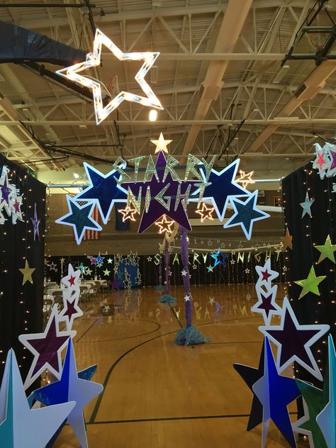 My own props: STARRY NIGHT. Entrance starry night marquee Starry Night Entrance Decor, Starry Night Homecoming Theme, Starry Night Grad Theme, Prom Theme Ideas High School, Prom Themes Starry Night, 8th Grade Dance Themes, Starry Night Decor, Farewell Dance, Formal Themes