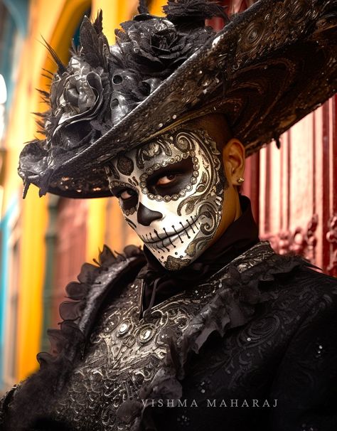 Mens Dia De Los Muertos Makeup Ideas, Catrina Mask, Candy Skull Makeup, Vishma Maharaj, Dia De Los Muertos Party Ideas, Mexican Makeup, Halloween Makeup Sugar Skull, Sugar Skull Artwork, Venetian Carnival Masks