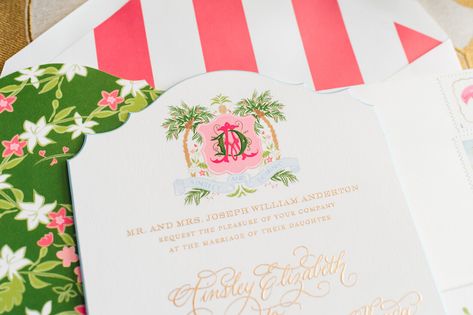 Colorful Palm Beach Wedding Palm Beach Invitation, Palm Beach Wedding Invitations, Palm Beach Wedding Decor, Palm Beach Party Theme, Colorful Winter Wedding, Winter Soiree, Preppy Colors, Vision Ideas, Beach Wedding Aisles