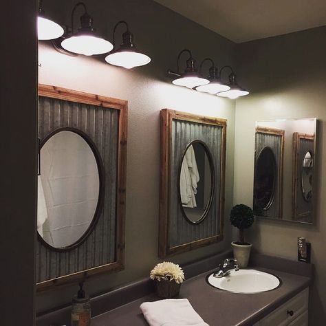 Now this is a most creative use of our Oval Mirrors in Tin Roof Framing - above a bathroom sink! Simply beautiful. Thanks for sharing SousaFarmhouse! Rustic Bathroom Mirrors, Primitive Bathrooms, Bathroom Mirror Frame, Decor Ikea, Rustic Bathroom Decor, Mirror On The Wall, Rustic Bathrooms, Bathroom Mirrors, Tin Roof