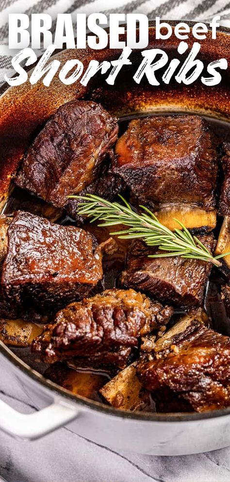 A close up view of beef short ribs that have been braised in a cast iron pot. Best Short Rib Recipe, Braised Beef Short Ribs Recipe, Braised Beef Short Ribs, Short Ribs Slow Cooker, Beef Ribs Recipe, Beef Short Rib Recipes, Short Ribs Recipe, Braised Short Ribs, Beef Short Ribs