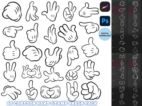 Procreate & Photoshop Retro Cartoon Glove Hand Stamp for creating cartoon characters 60 cartoon hands wearing glove in different gestures.  This is an INSTANT DOWNLOAD. No physical product will be shipped. For Procreate and Photoshop 👉*Download link will be provided in TXT** This digital download is meant for personal use only and all copyrights belong to the creator.Check my shop : https://www.etsy.com/shop/KraftbunniesCo Create Cartoon Character, Mickey Mouse Gloves, Cartoon Gloves, Cartoon Hands, Photoshop Brush Set, Brush Sets, Retro Cartoon, Bundle Pack, Retro Cartoons