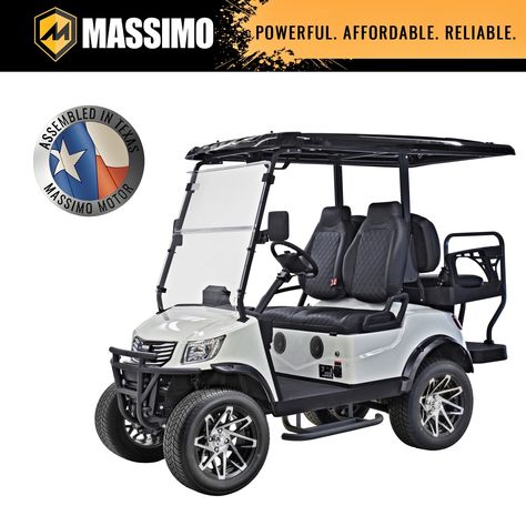 Powerful 48V 5kW motor, 12 inches of ground clearance, and oversized 23-inch all-terrain tires. Custom-stitched marine-grade vinyl seats, ergonomic armrests, a convertible rear-facing seat, a full-length roof, side mirrors, rearview camera and more. 800-pound load capacity and up to a 45-mile range, the MVR 2X is perfect for carrying passengers, cargo, or both. No SIM Card included.. Massimo Electric 4 Seat Golf Cart in White | E730004318 All Terrain Tyres, Lowes Home Improvements, Golf Cart, Side Mirror, Golf Carts, Rear View, Convertible, Full Length, Electricity