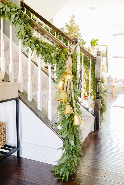 Garland On Staircase, Dining Area Decor, Faux Stems, Christmas Staircase, Christmas Dining Room, Eucalyptus Garland, Nursery Modern, Real Christmas Tree, Seeded Eucalyptus